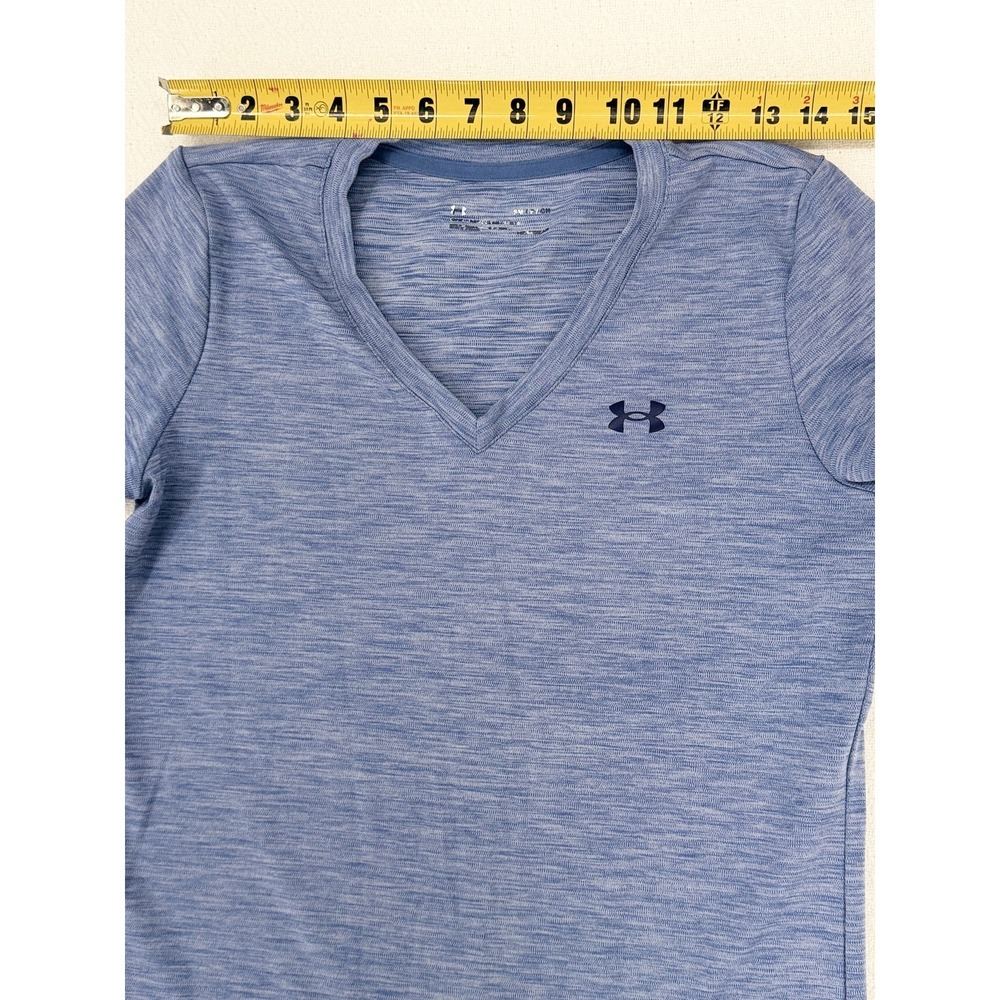 Under Armour Women Small Blue Heather Space Dye V-Neck HeatGear T-Shirt Slim Fit - Picture 2 of 7